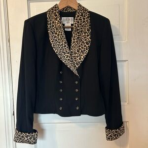 Vintage 90s Julian Taylor Black Fitted Blazer Leopard Lapel Collar Cuffs Size 12
